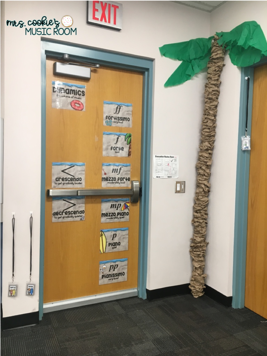 Bathroom passes, dynamics posters, and palm tree