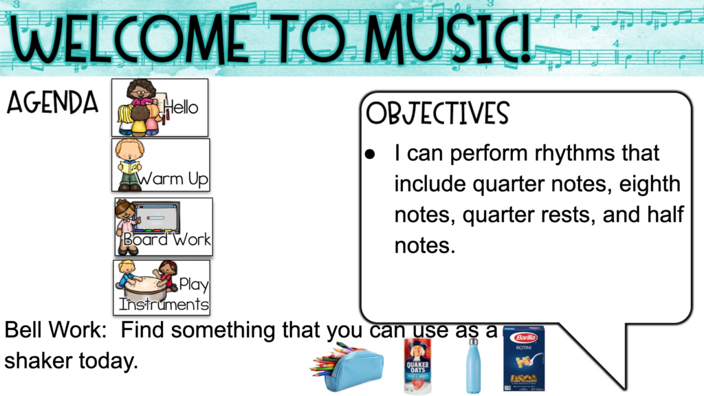 agenda slide with instructions to find something to use as a shaker, for five types of activities to include in every distance learning lesson 