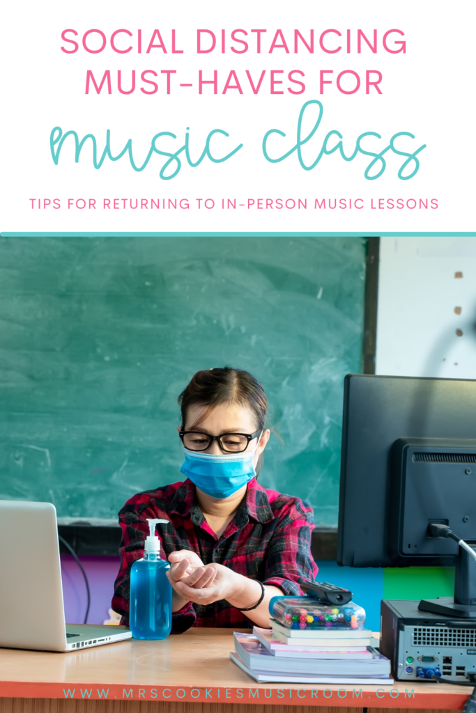 Teacher in mask, sitting at desk and putting on hand sanitizer-  social-distancing-must-haves-for-music-class-pin