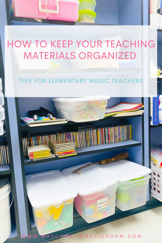 teaching materials on shelves with the text How-to-keep-your-teaching-materials-organized 