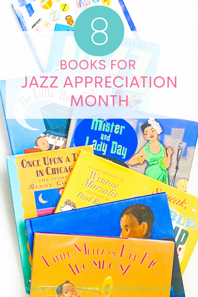 Text reads "8 Books for Jazz Appreciation Month" laid over all 8 books scattered on a white background.