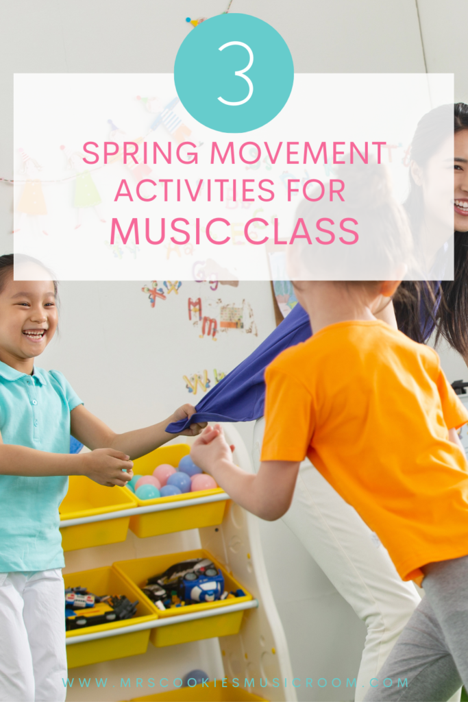 picture of kids and teacher playing in a classroom with the text 3 spring-movement-activities-for-music-class