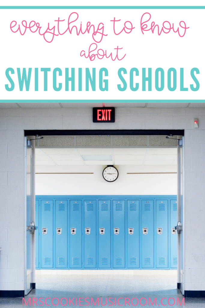 "Everything to know about switching schools" above a photo of an exit sign above a hallway of lockers