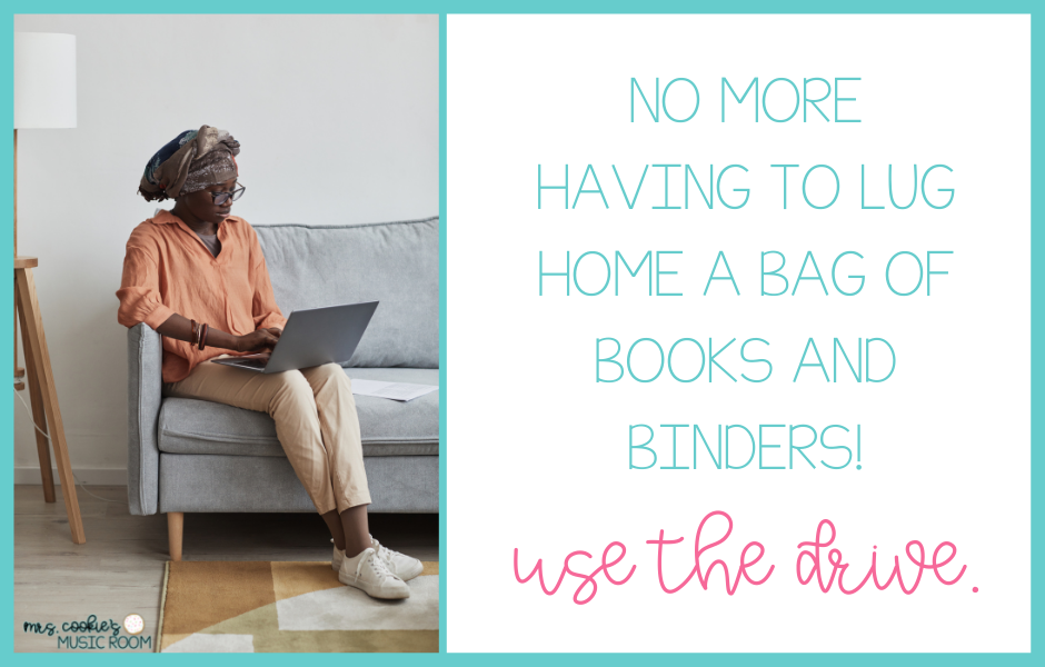 On the left, an image of a woman on a couch, typing on her laptop.  On the right, the quote, "No more having to lug home a bag of books and binders! Use the drive."