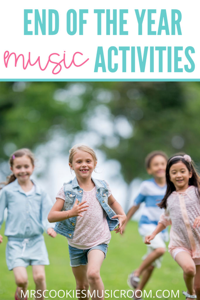 end-of-the-year-music-activities text above a photo of four children running around outside, smiling