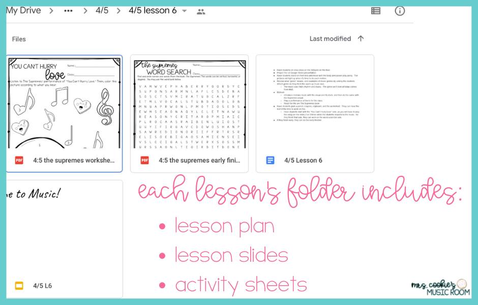 screenshot of a 4th/5th sub lesson folder. In pink text "each lesson's folder includes: lesson plan, lesson slides, activity sheets" 