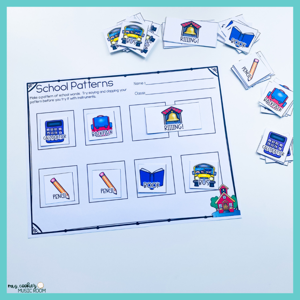 back-to-school-music-activities Back to School Composing page with rhythm icons placed on the page to make an 8-beat rhythm pattern