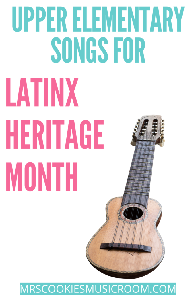 upper-elementary-songs-for-latinx-heritage-month pin with photo of a Peruvian charango on a white background